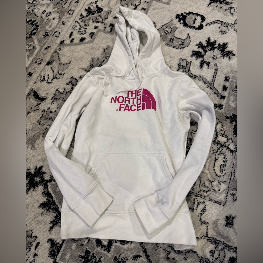 The North Face White Hoodie with Pink Logo